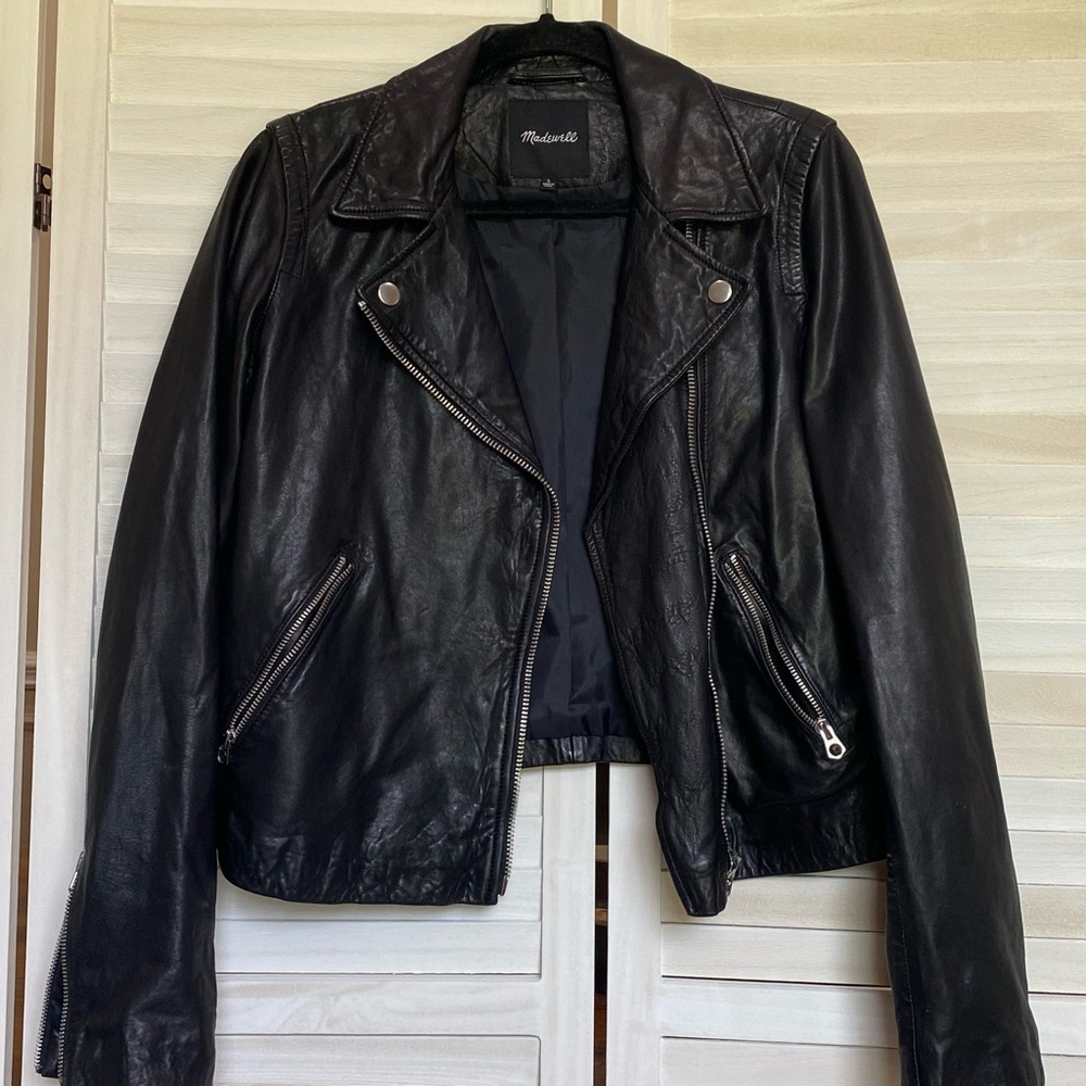 Madewell washed black leather moto jacket size Large